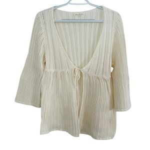 Et Clet Y2K Cream Pointelle Knit Tie Front Cotton Cardigan Sweater Cottage Small